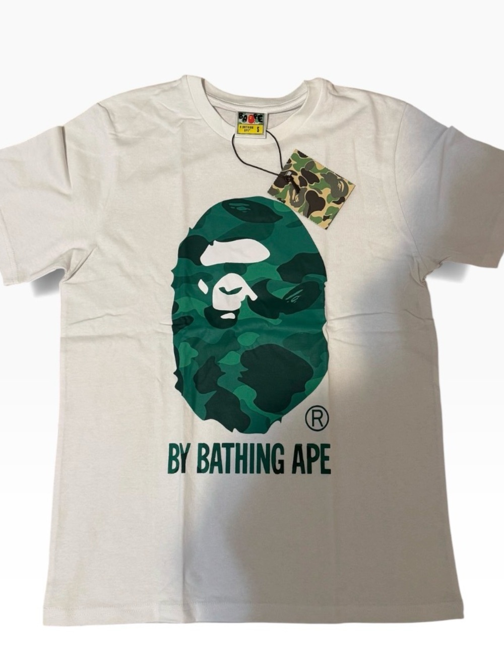 Bape White Short-Sleeve Tee with Green Camouflage Ape Head